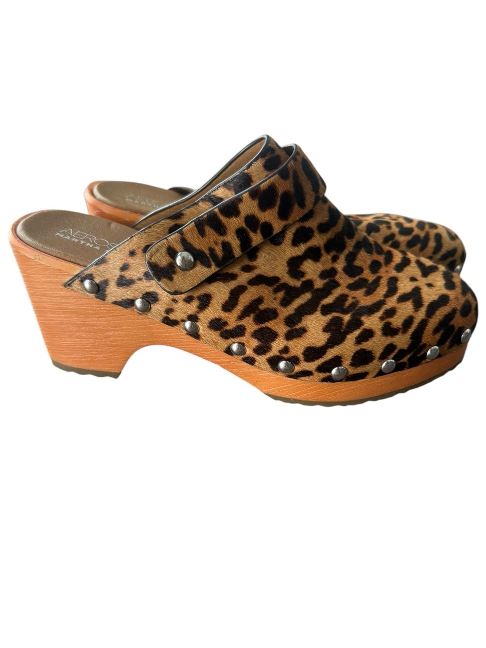 Aerosoles Martha Stewart Dorian Leather Leopard Haircalf Clogs Sz 6 Studded Y2K